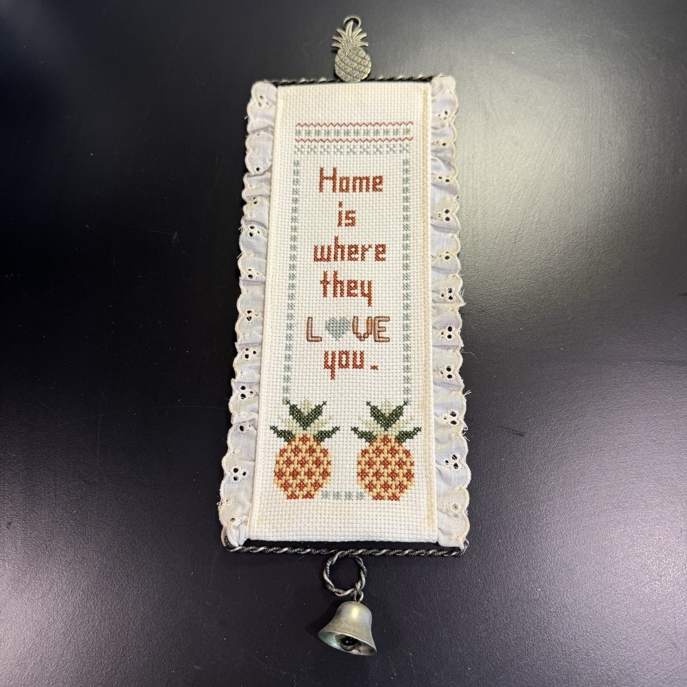 Homemade‎ Cross Stitch Wall Hanging Pineapple'Home Is Where They Love You' VTG